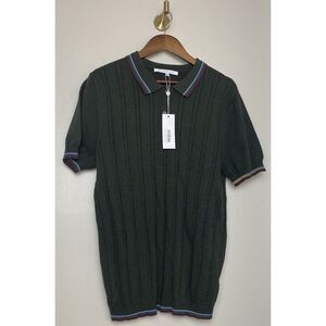 Parke & Ronan Mens Bjorn Cable Knit Polo Striped Collar Green Golf Preppy Sz XL